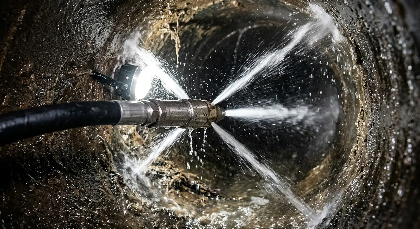 High-pressure hydro jetting nozzle cleaning sewer pipe for Trenchless Sewer Repair in East Lampeter