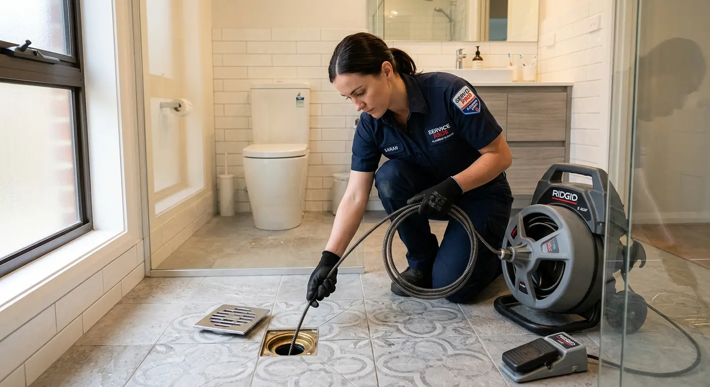 Technician clearing a bathroom floor drain for Drain Cleaning in East Lampeter